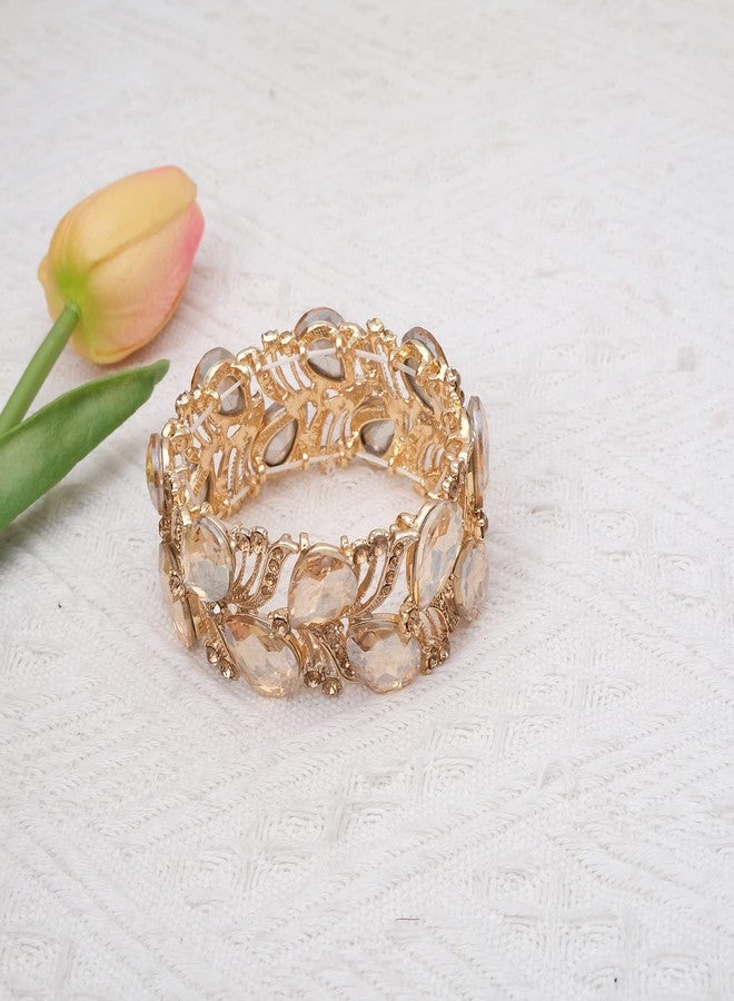 CSY Elegant Stretch Bangle Bracelets Bridal Art Deco Teardrop Crystal Elastic Wide Statement Bracelet for Women Party Prom (champagne gold) - Image 3